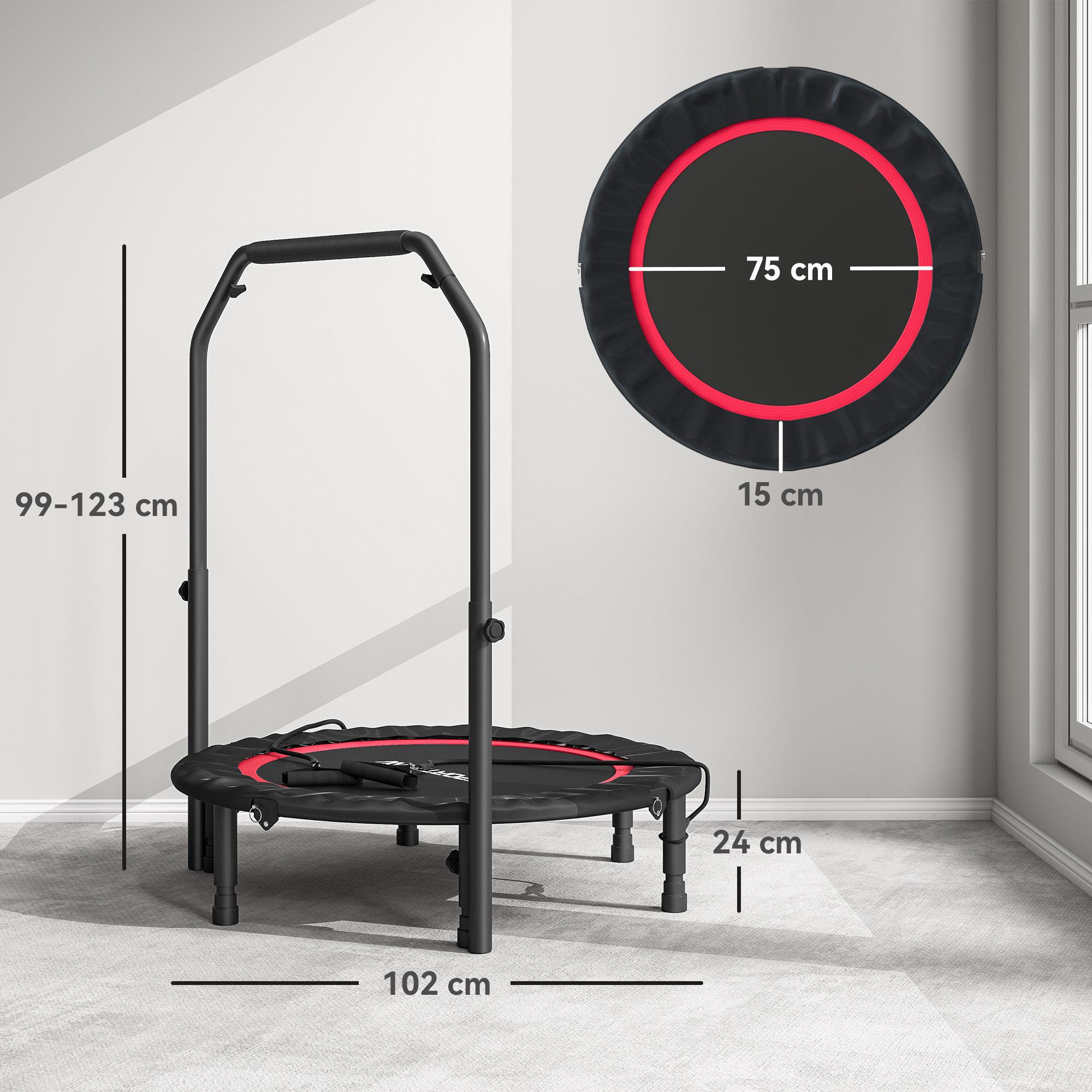 Trampolín de Fitness Adultos Ø102 cm, Cama Elástica Plegable con Mango Ajustable de 4 Niveles y Bandas, para Entrenamiento Piernas Cuerpo en Hogar Oficina Gimnasio Exterior, Carga 150 kg Rojo