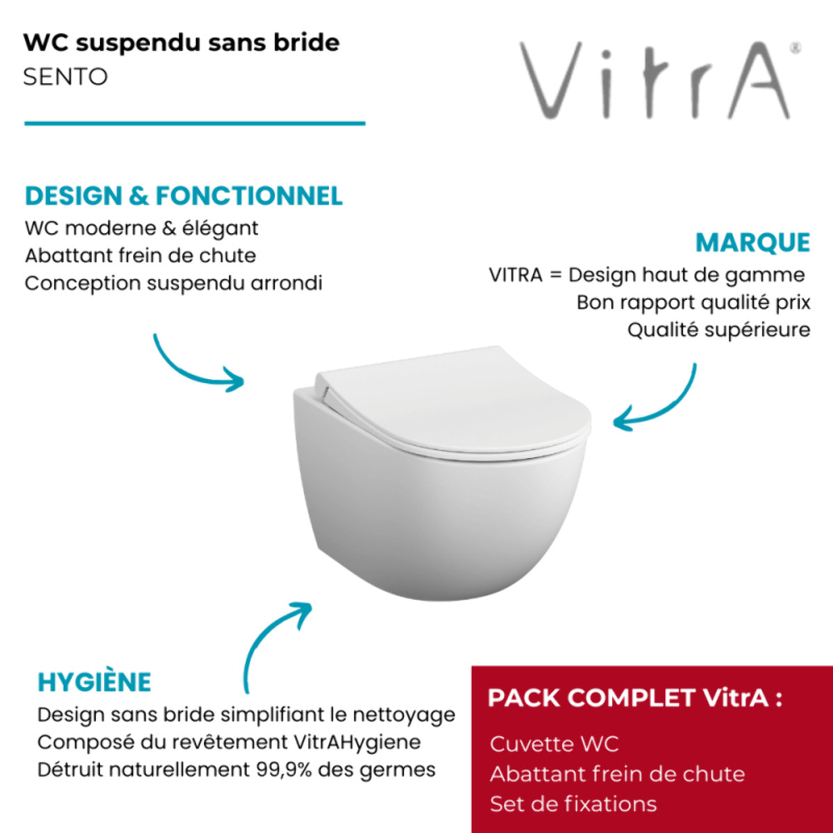 Cuvette WC suspendu sans bride Sento blanc mat + abattant frein de chute