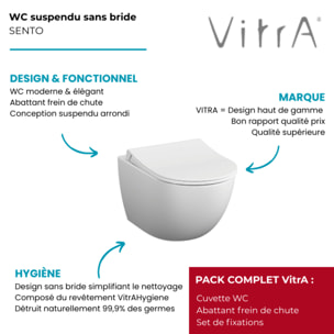 Cuvette WC suspendu sans bride Sento blanc mat + abattant frein de chute