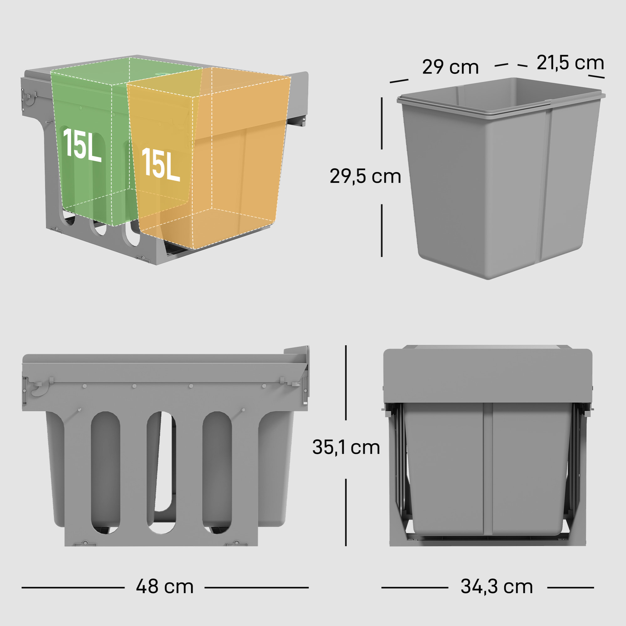 Cubo de Basura bajo Fregadero, Cubos de Basura con 2 Contenedores de Reciclaje Extraíbles, Capacidad Total 30L (15Lx2), Fijación Inferior, para Reciclaje y Residuos, Gris Claro