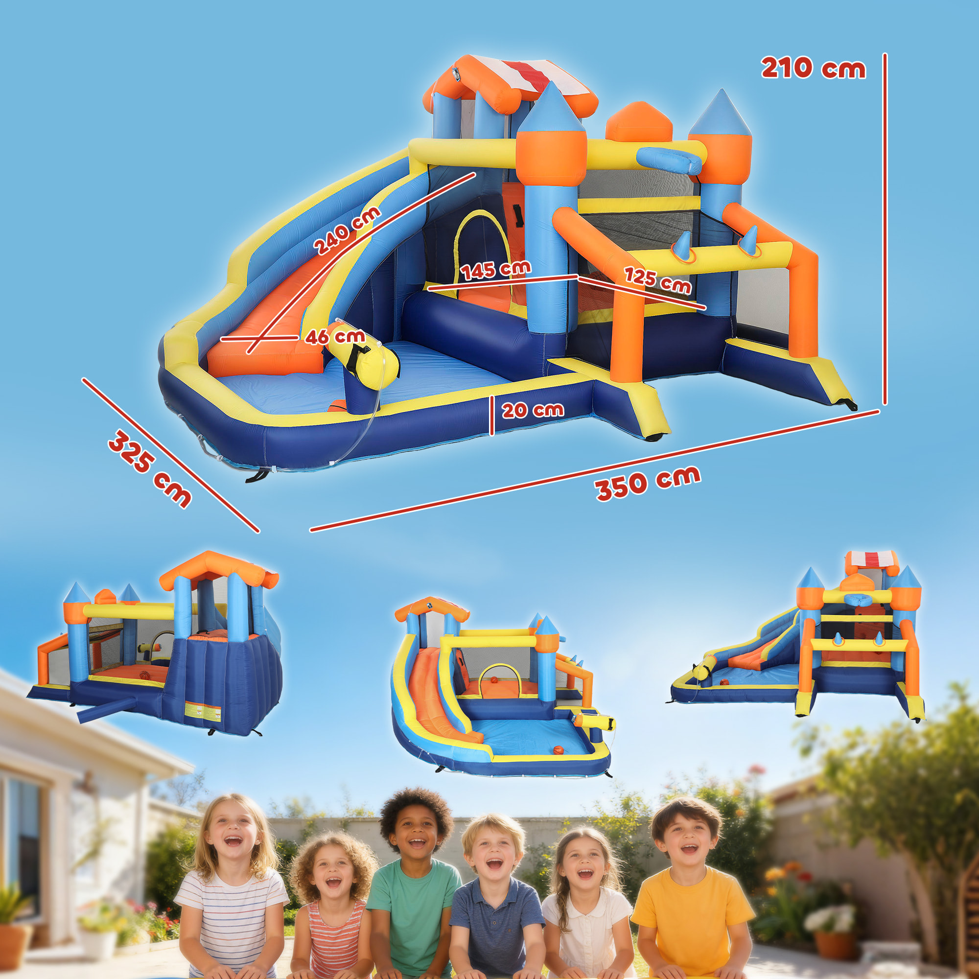 Castillo Hinchable Acuático 8 en 1 con Soplador 550W Castillo Hinchable Niños con Tobogán Zona de Salto Escalada Piscina Portería Canasta Lanzamiento de Aros Exterior Interior 350x325x210 cm