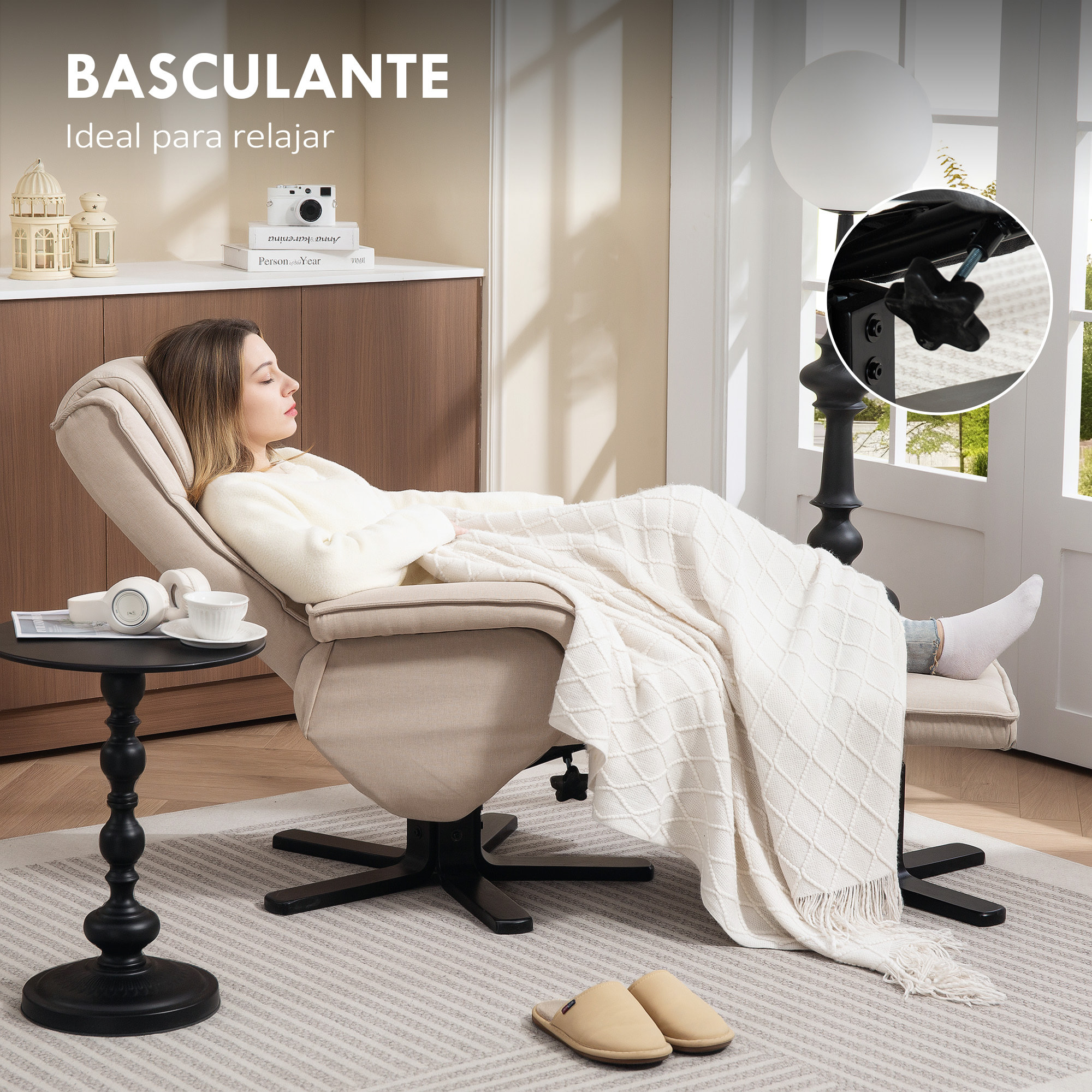 Sillón Relax Reclinable con Reposapiés Butaca de Salón Giratoria Tapizado en Lino con Base de Madera Función Basculante Butaca para Dormitorio Sala de Estar Beige