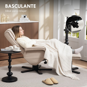 Sillón Relax Reclinable con Reposapiés Butaca de Salón Giratoria Tapizado en Lino con Base de Madera Función Basculante Butaca para Dormitorio Sala de Estar Beige