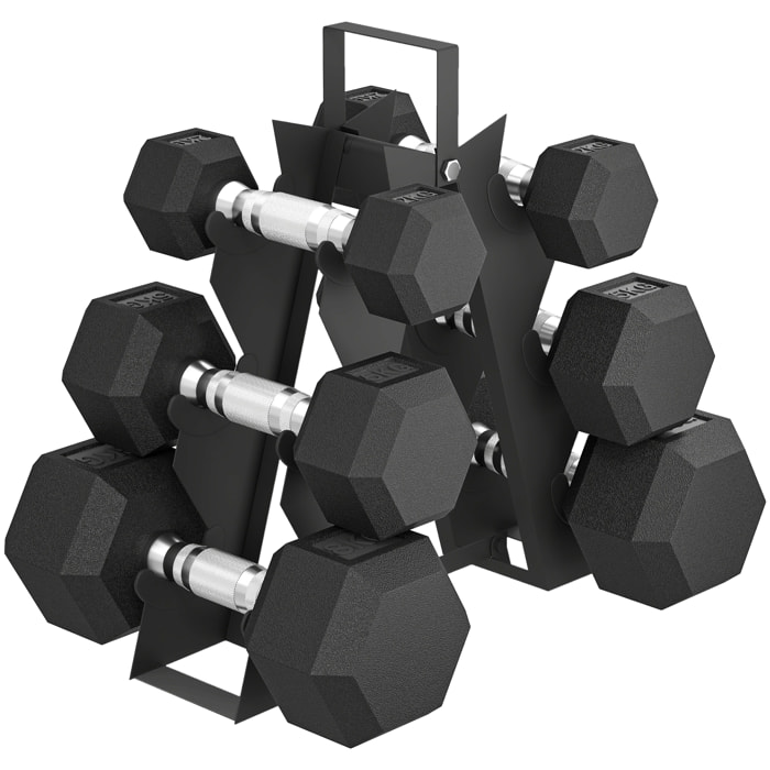 Juego de Mancuernas de 6 Piezas 2 x2 kg 2 x5 kg 2 x8 kg Mancuernas Hexagonales con Revestimiento de Goma Antideslizante y Soporte de Almacenamiento para Entrenamiento en Casa Gimnasio Negro