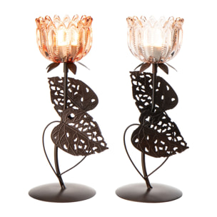 J-Line Photophore Fleur - métal/verre - rose clair/orange - medium - 2 pièces