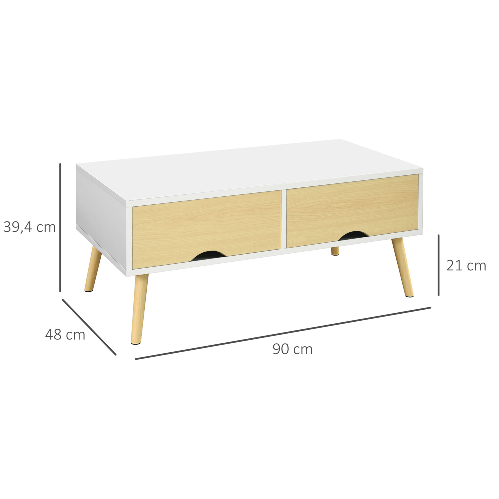 Table basse rectangulaire design scandinave 2 tiroirs coulissants grande niche piètement bois pin blanc aspect bois clair