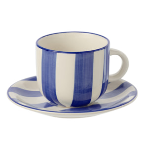 J-Line Tasse + Sous-tasse Ligné - céramique - bleu/blanc - 6 pièces