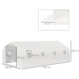 Serre tunnel de jardin dim. 5,93L x 3l x 2H m porte + 8 fenêtres enroulables acier galvanisé bâche PE haute densité blanc