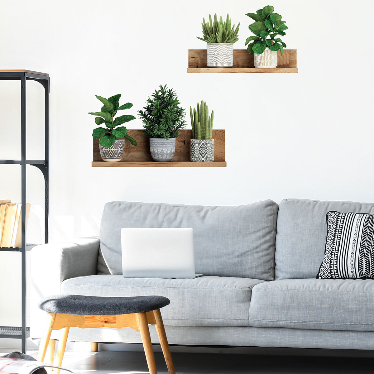 Stickers muraux 3D | Sticker Mural Autocollant effet PLANTES VERTES SUR ÉTAGÈRES - Stickers adhésifs 3D Chambre Salon Trompe l'oeil