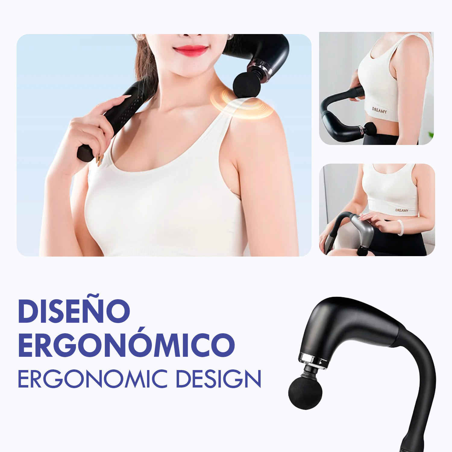 Pistolet de massage en forme de U avec 9 modes et intensités, écran LCD et 4 têtes interchangeables. Avec batterie rechargeable et fonction turbo par pression.