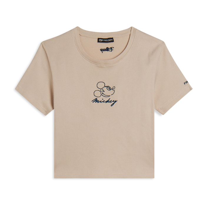 T-shirt cropped da donna in costina con ricami Disney
