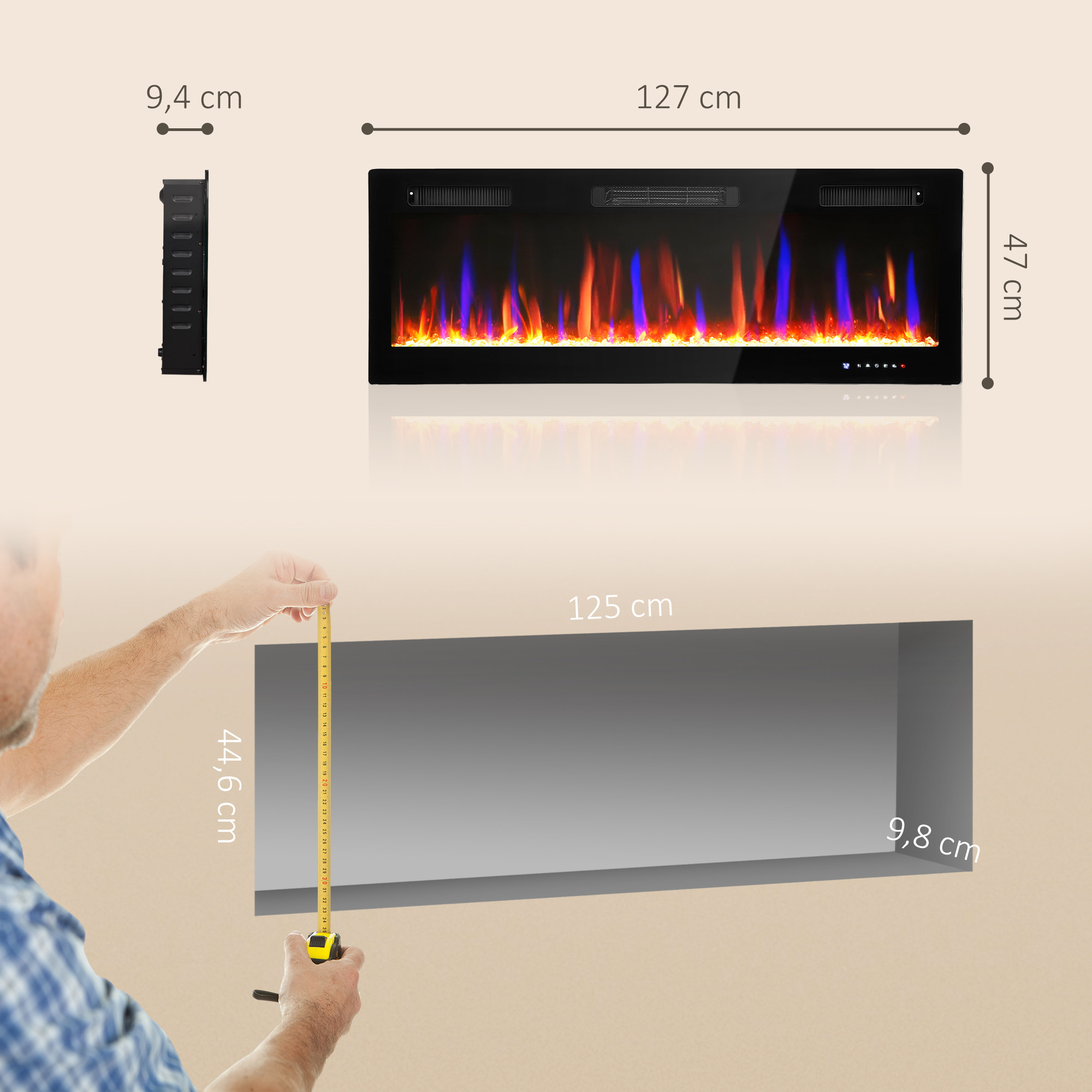 Cheminée électrique mural ou encastrable 900W/1800W nombreux effets réglables thermostat télécommande mode éco