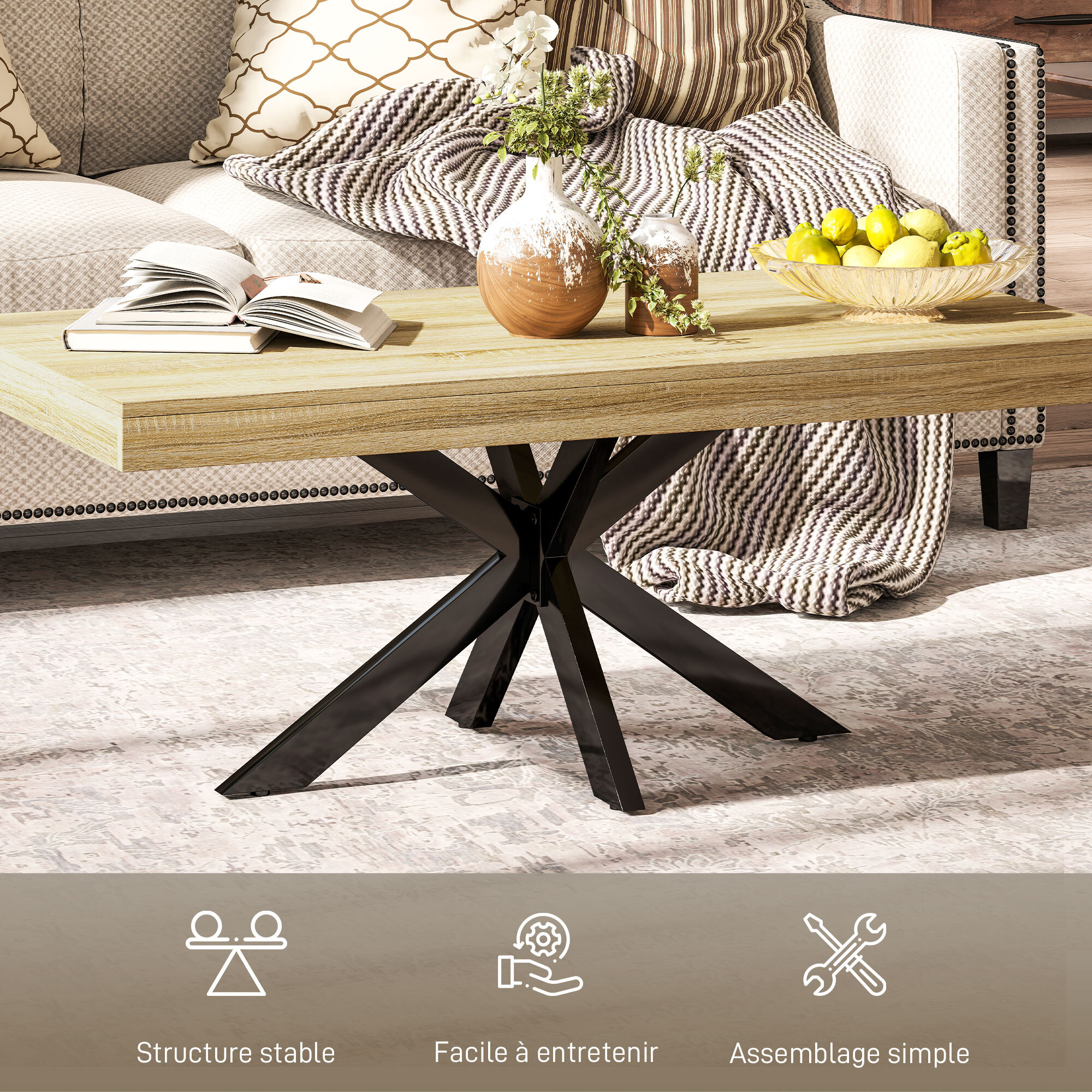 Table basse rectangulaire design industriel - dim. 110L x 60l x 45H cm - métal noir aspect chêne clair