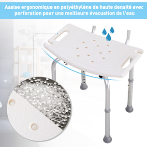 Chaise de douche siège de douche ergonomique hauteur réglable pieds antidérapants charge max. 136 Kg alu HDPE blanc