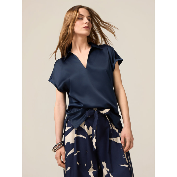 Oltre - T-shirt bimaterica scollo a V - Blu