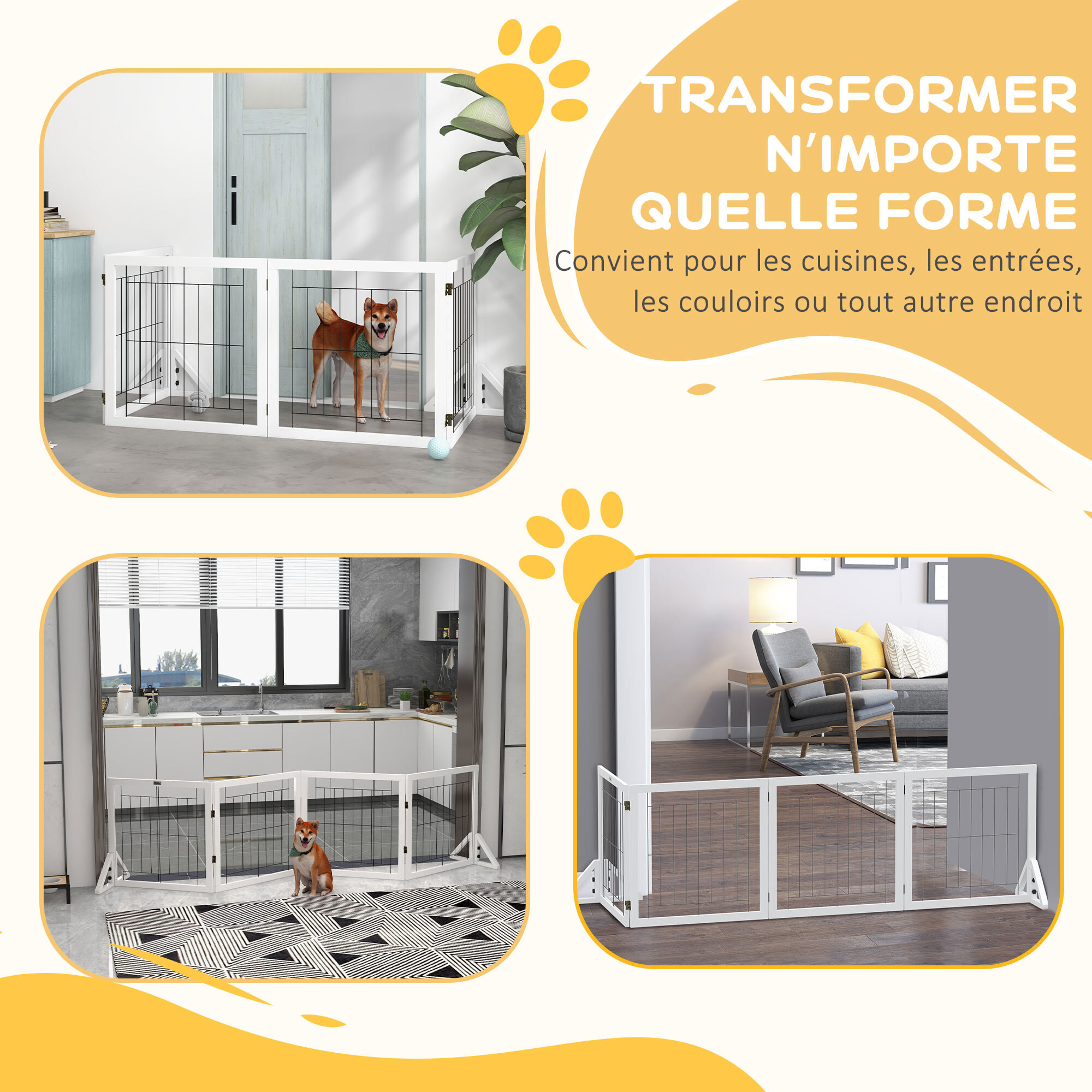 Barrière de sécurité pour animaux autoportante - barrière modulable pliable 4 panneaux - 2 pieds support - acier noir bois blanc