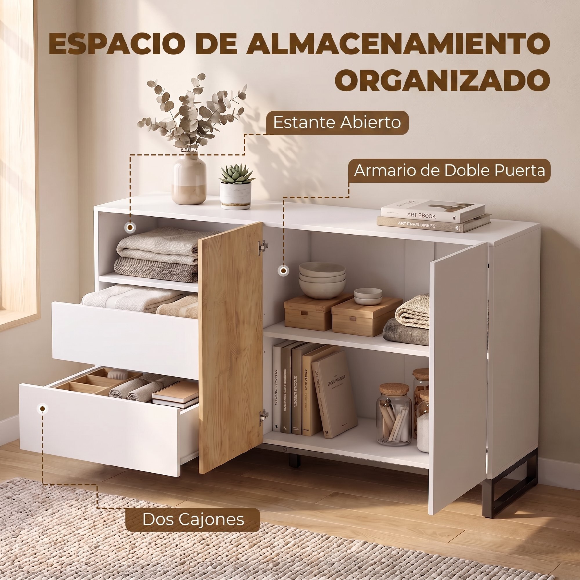 Aparador de 2 Puertas, Aparador de Salón Estrecho con 2 Cajones, Compartimento Abierto, Armario de Cocina con Estante Ajustable, para Entrada, Dormitorio, 140x40x85 cm, Blanco y Roble