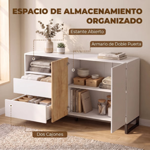 Aparador de 2 Puertas, Aparador de Salón Estrecho con 2 Cajones, Compartimento Abierto, Armario de Cocina con Estante Ajustable, para Entrada, Dormitorio, 140x40x85 cm, Blanco y Roble