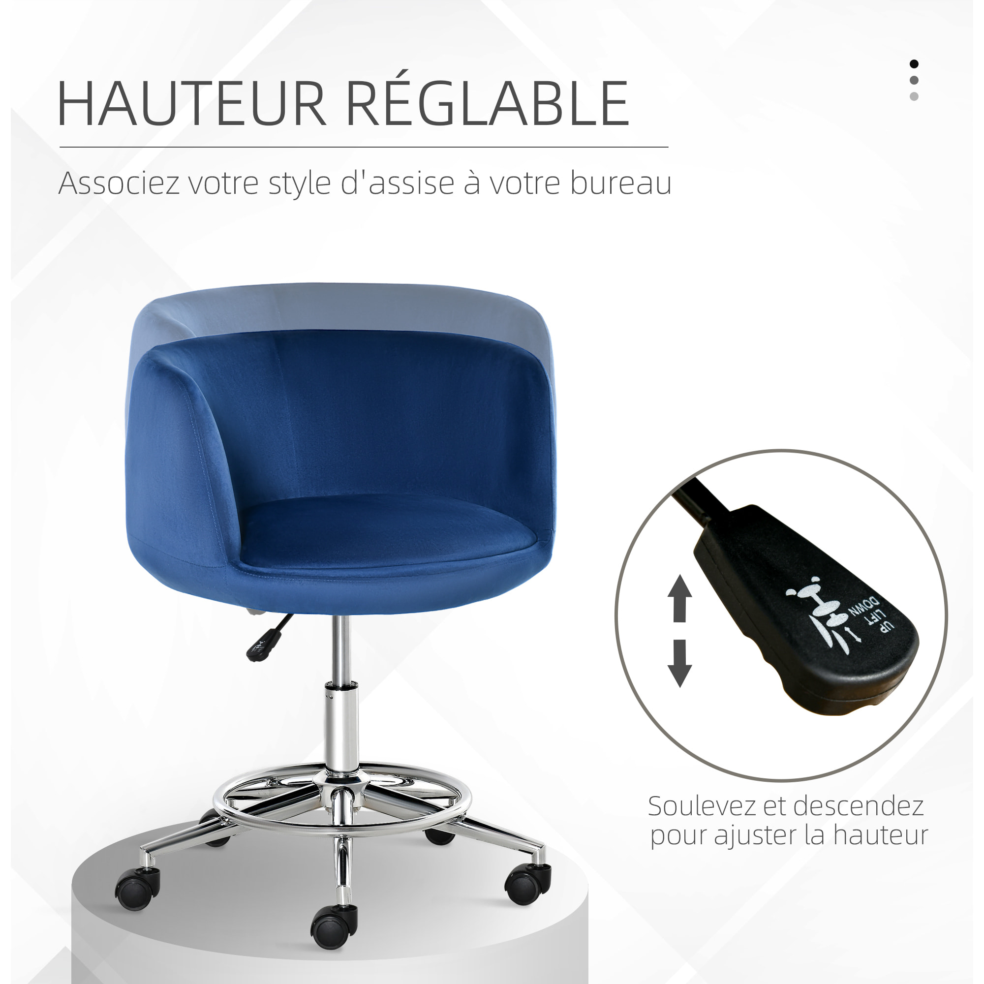 Vinsetto Chaise de bureau ergonomique hauteur réglable pivotante piètement chromé revêtement velours grand confort bleu roi