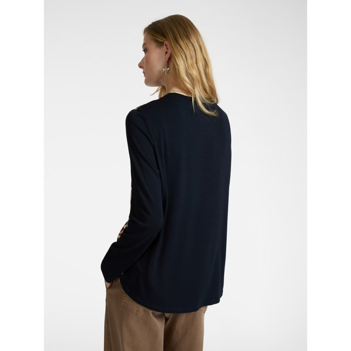 Elena Mirò - T-shirt con davanti in seta stampata - Blu