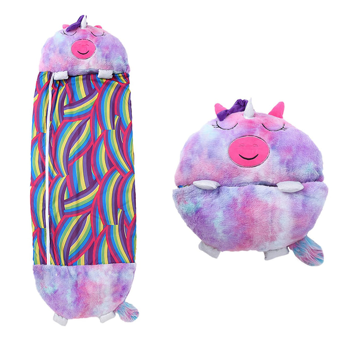 Saco de dormir convertible en almohada, para niños, Unicornio Multicolor Violeta. Tacto peluche. Pequeño / S: 135x50cm.