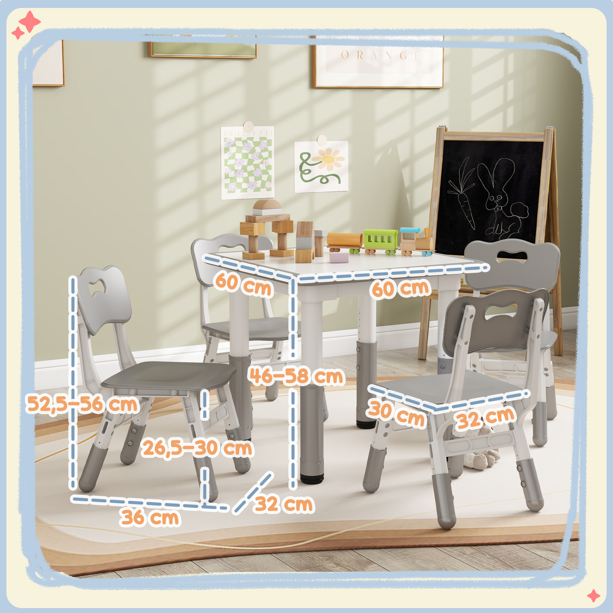 Ensemble table et chaises enfant - set de 5 pièces réglables en hauteur - MDF PP blanc gris