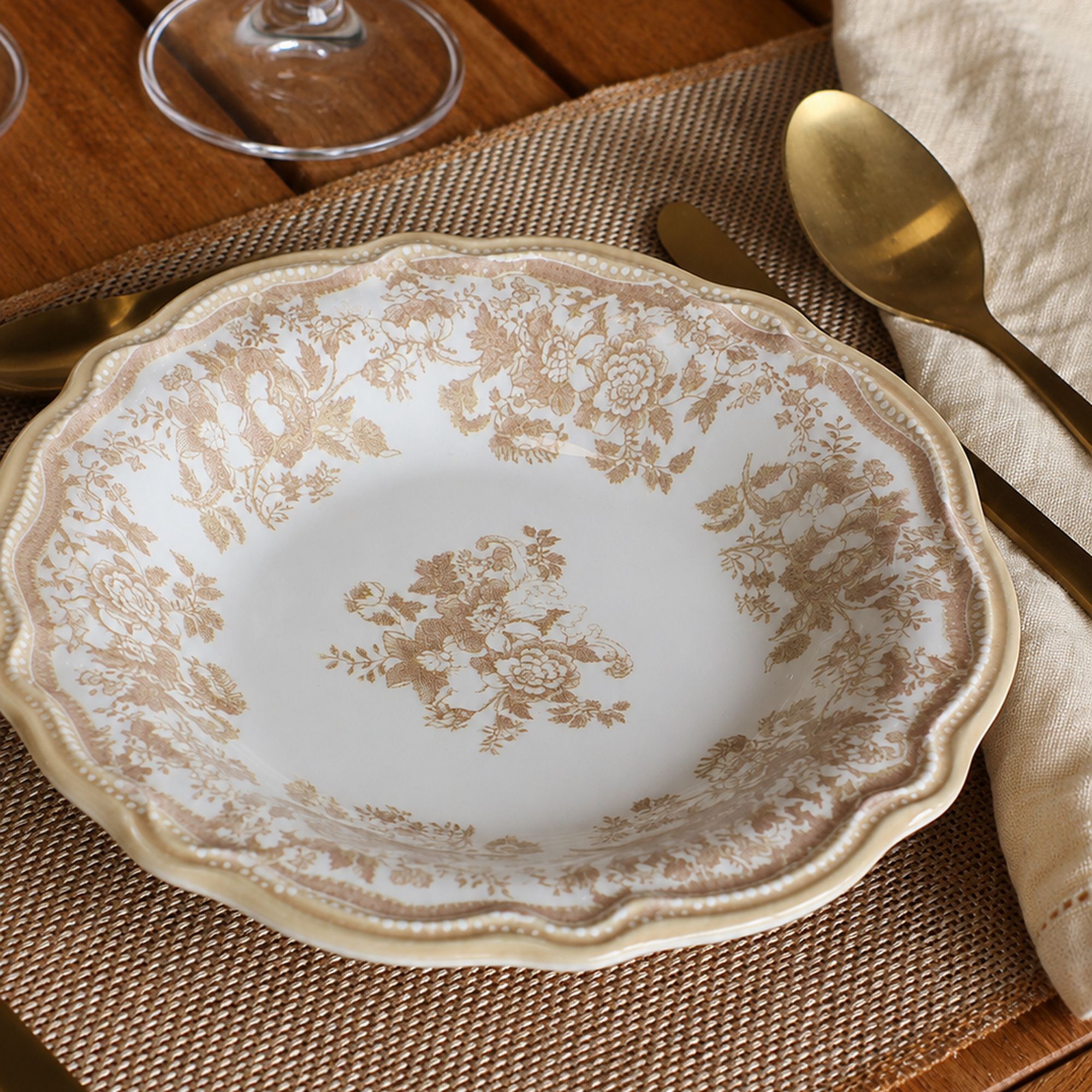 Lot de 6 assiettes creuses fleuries en grès miel 22cm FAUSTINE