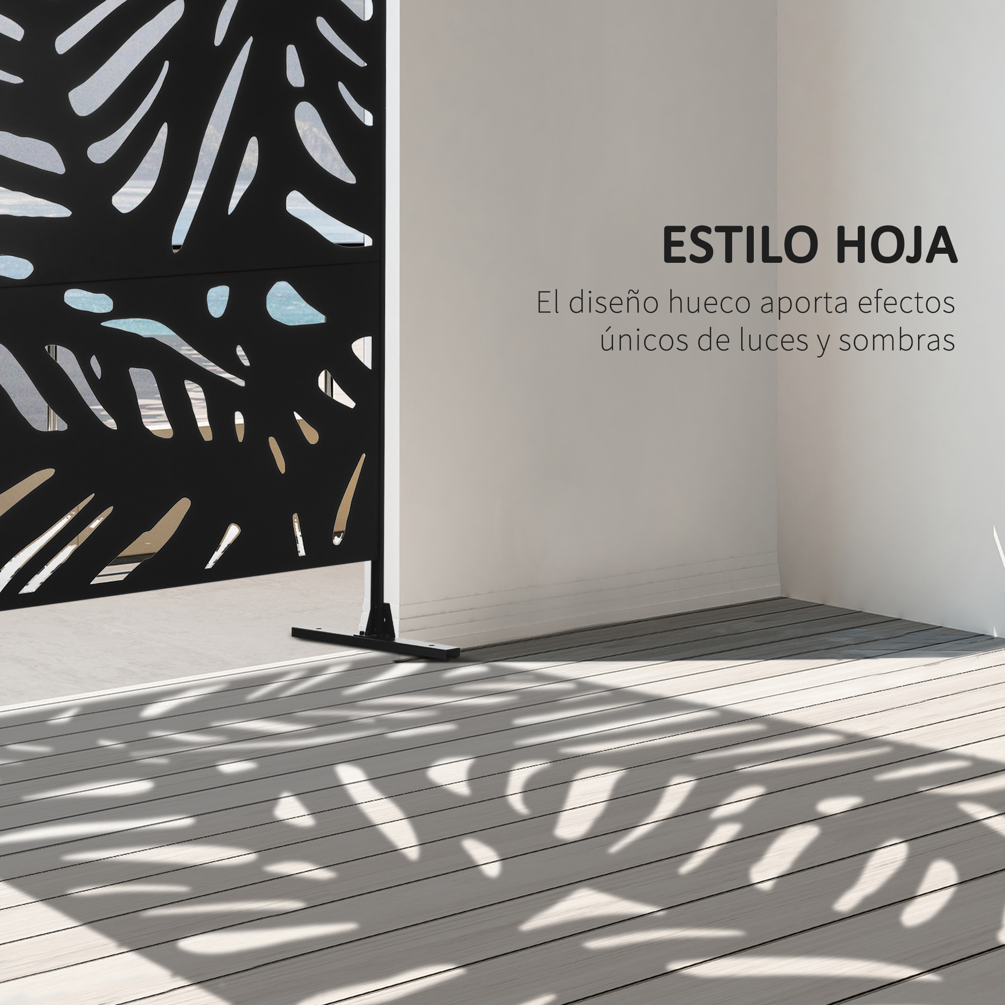 Biombo de 3 Paneles, 122x198 cm, Biombo Separador de Ambientes con Soporte y Tornillos de Expansión, Diseño de Hojas, para Exterior, Jardín, Patio, Terraza, Negro