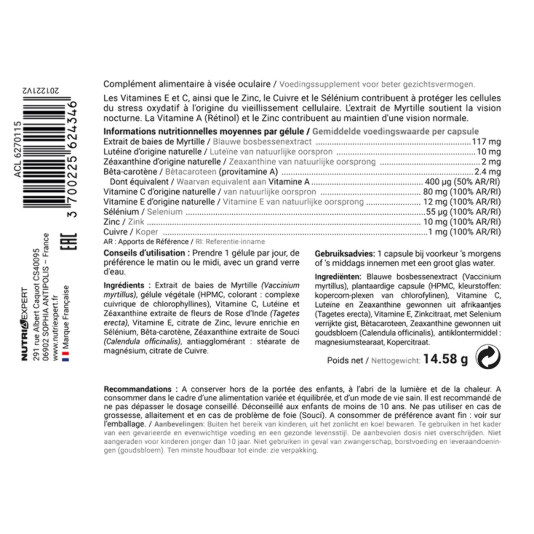 NUTRI EXPERT - Vision Lutein Plus - Améliore l'acuité visuelle nocturne - Protège les cellules du stress oxydatif - Vegan - Sans Gluten - Sans Lactose - Cure 30 jours