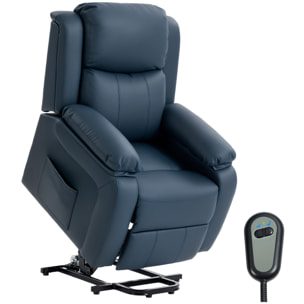 Sillón Relax Eléctrico Reclinable Levanta Personas, Sillón Elevador, con Respaldo Alto, Control Remoto, Reposapiés, Acolchado Grueso, Tapizado en PU, Bolsillos Laterales, Azul Oscuro