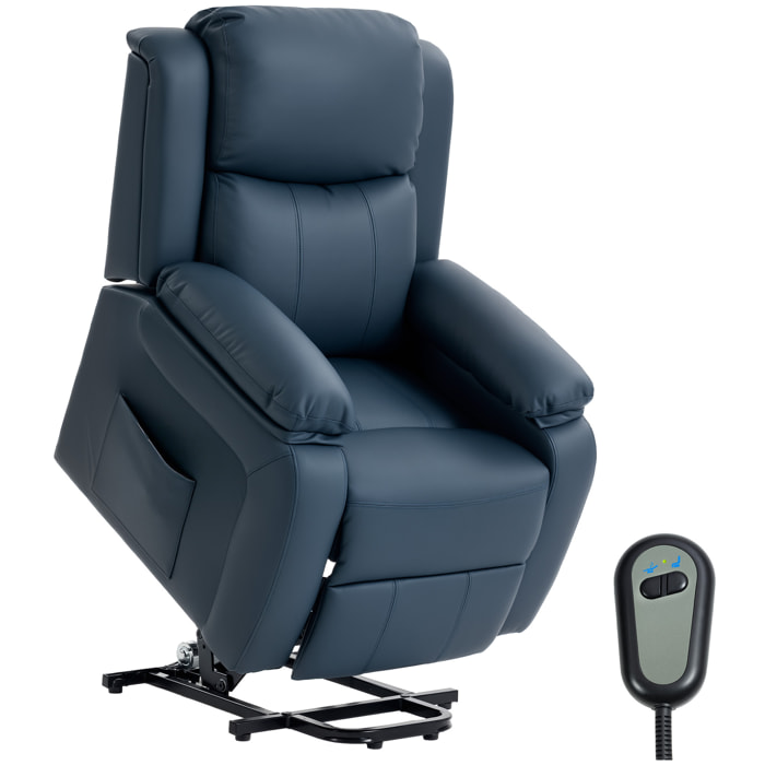 Sillón Relax Eléctrico Reclinable Levanta Personas, Sillón Elevador, con Respaldo Alto, Control Remoto, Reposapiés, Acolchado Grueso, Tapizado en PU, Bolsillos Laterales, Azul Oscuro