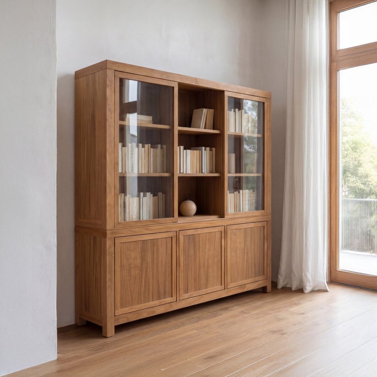 Vitrine Hindi -plaque en bois d'acacia et bois massif de mindi-couleur nogal 177 x 180 x 45 cm