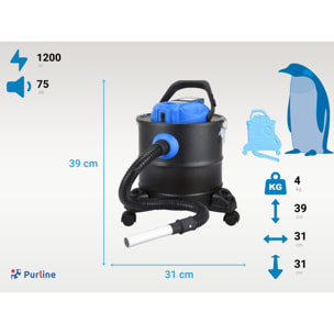 Aspiratore per caminetto e cenere da barbecue con bomboletta da 20L e ruote. Batteria ricaricabile al litio da 18V