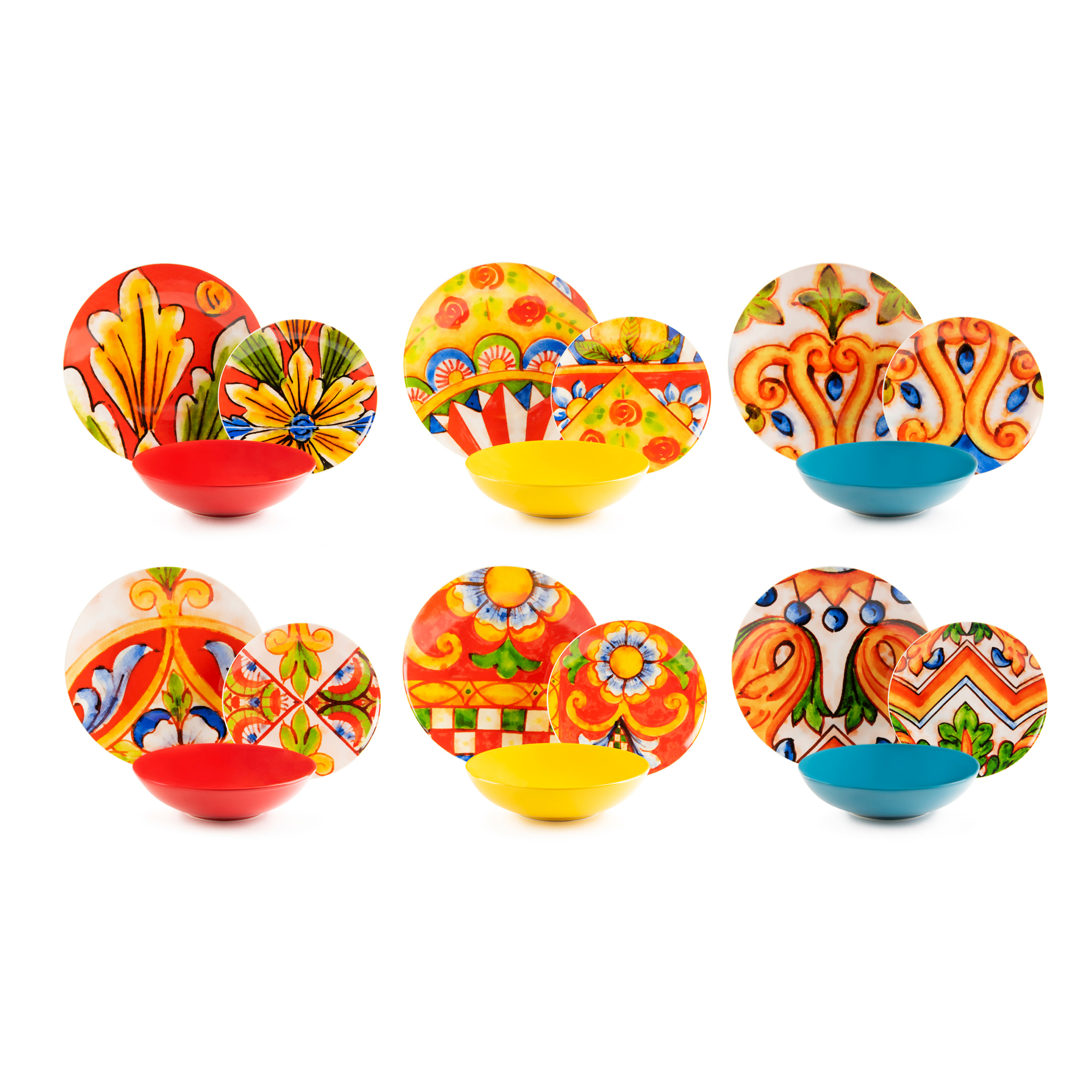 Service 18 assiettes Excelsa Caltagirone, stoneware et porcelaine, multicolore