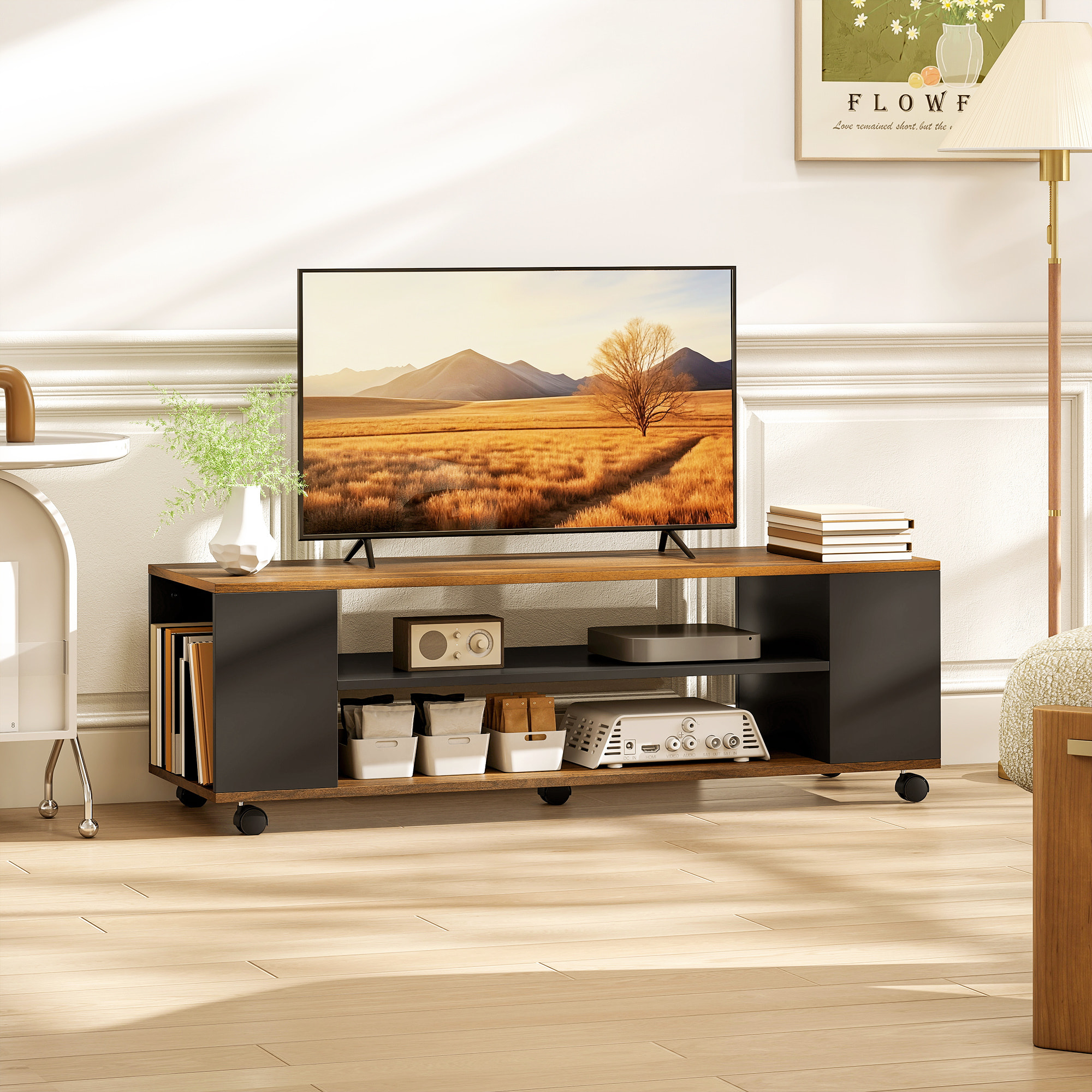 Mueble de TV con Ruedas, Mesa de TV Suspendido o de Pie, para Salón, con 4 Estantes Abiertos, para Televisión de 55 Pulgadas, Estilo Moderno, 120x40x38,5 cm, Nogal y Negro