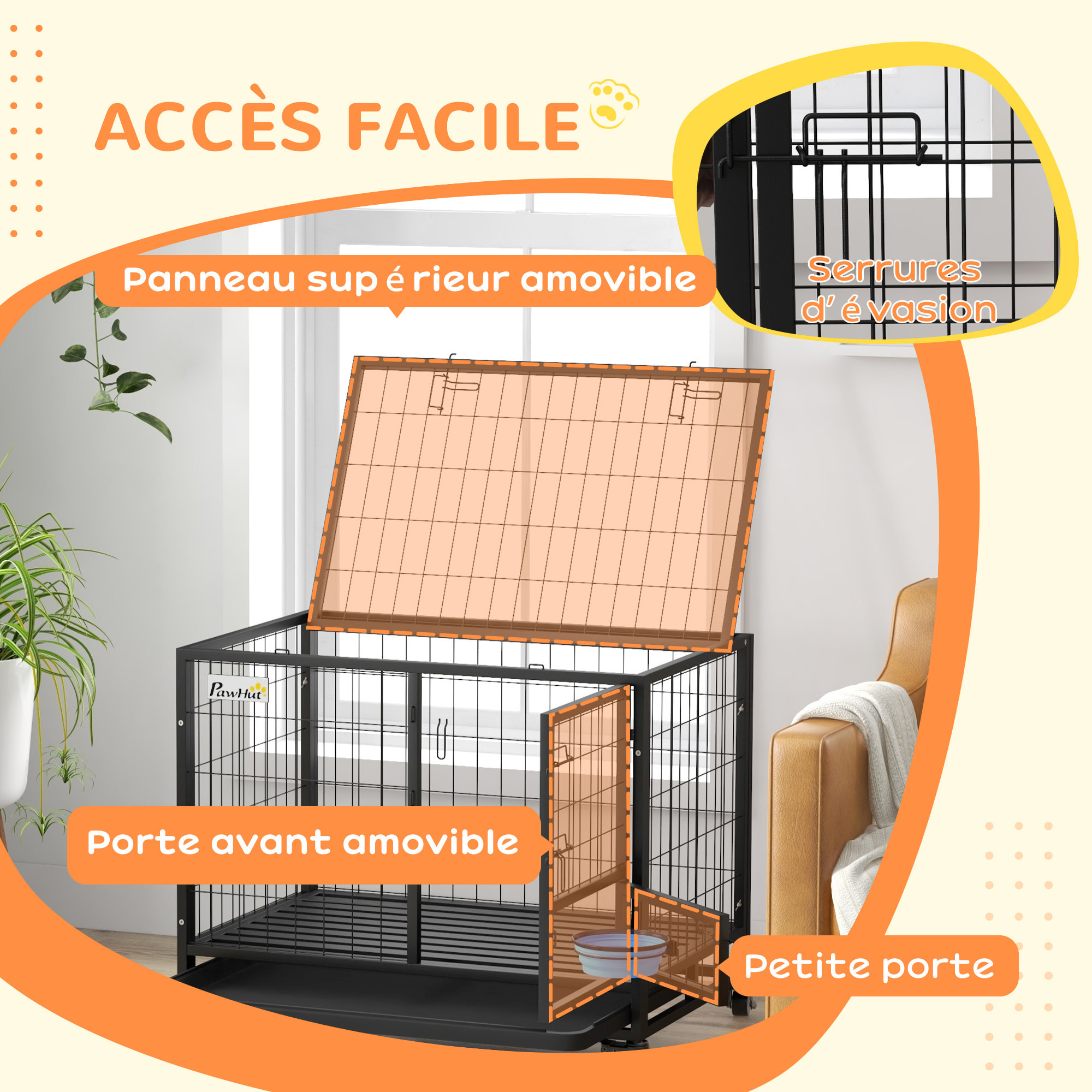 Cage pour chien sur roulettes 2 portes verrouillables - support gamelle, plateau amovible - acier noir