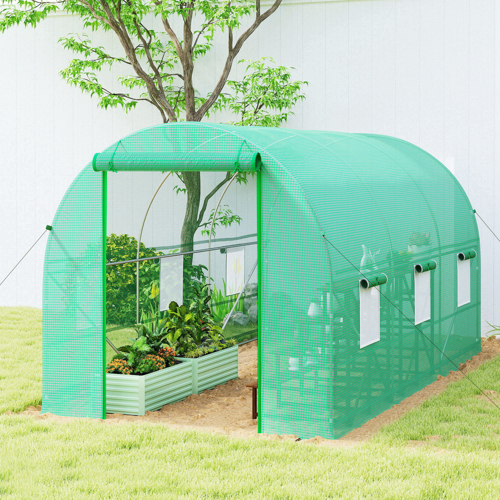 Serre de jardin tunnel surface sol 8 m² 4 x 2 x 2 m châssis tubulaire renforcé 18 mm 6 fenêtres vert