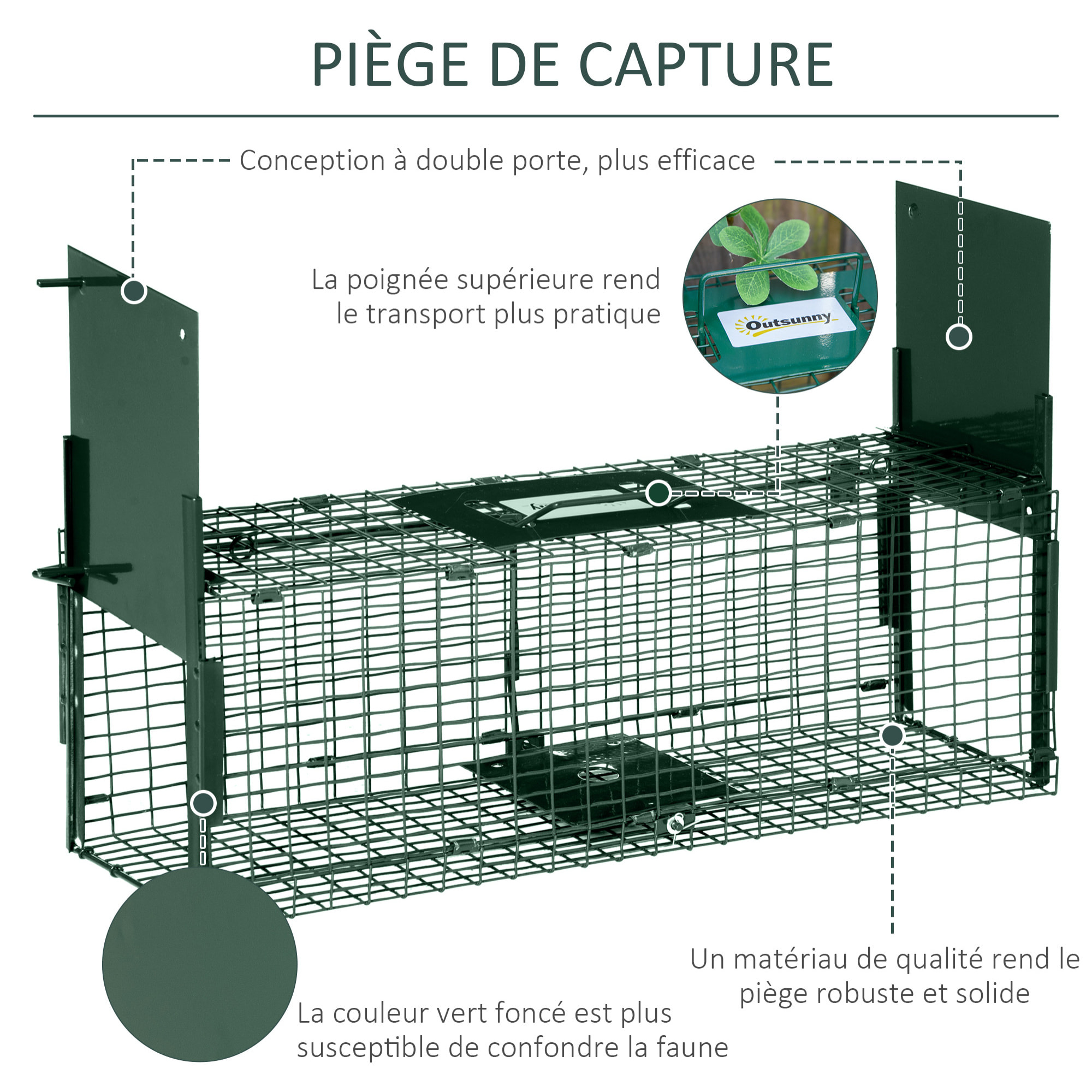 Piège de capture pour petits animaux type lapin rat - 2 entrées + poignée - dim. 60L x 18l x 20H cm - métal vert