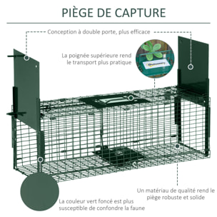 Piège de capture pour petits animaux type lapin rat - 2 entrées + poignée - dim. 60L x 18l x 20H cm - métal vert