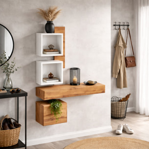 Mobile Ingresso Moderno Con Pensili A Giorno Mensole Sospese Con Cassetto E Anta Salvaspazio Design Nordico 100 x 170 x 30 Cm Bianco E Rovere