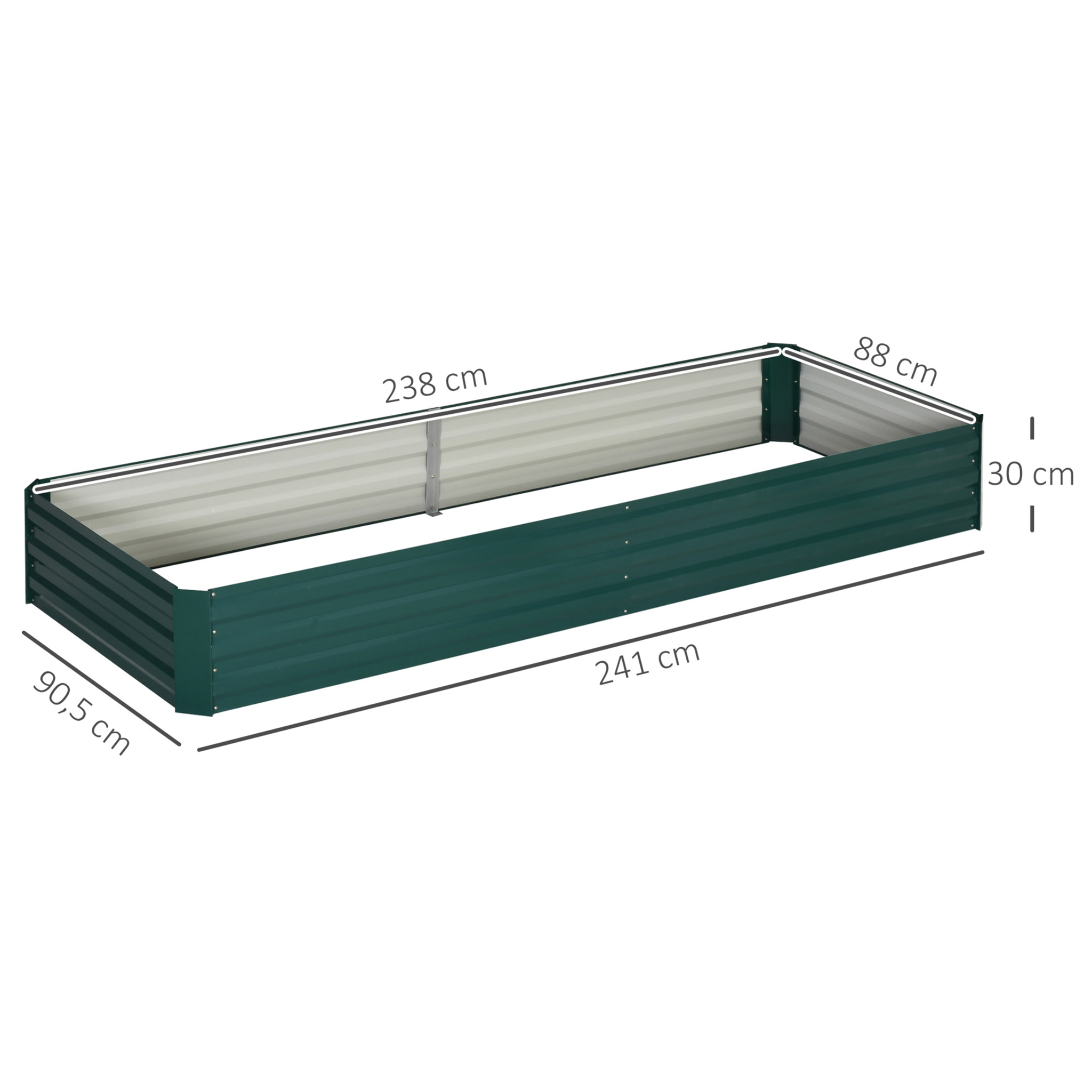 Carré potager de jardin dim. 241L x 90l x 30H cm tôle d'acier ondulée vert foncé