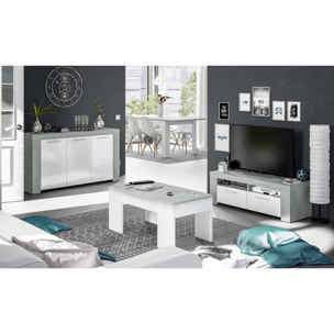 Mobile porta TV Stamford, Credenza per televisione da soggiorno, Supporto TV a 2 ante, Credenza bassa da salotto, cm 120x42h40, Bianco e Cemento