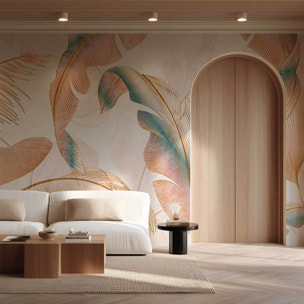 Papier peint feuillage tropical pastel doré ambiance douce Intissé