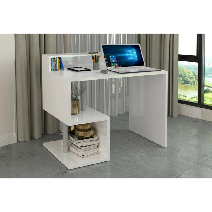 Scrivania Eva, Scrittoio lineare con ripiani portaoggetti, Scrivania ufficio multiuso con sopralzo, 100x50h93 cm, Bianco