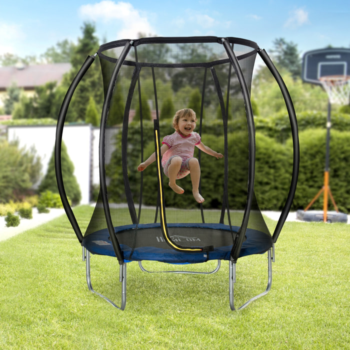 Trampoline enfant Ø 2,25 × 2,35H m filet de sécurité porte zipée couvre-ressorts 6 poteaux rembourrés incurvés bleu