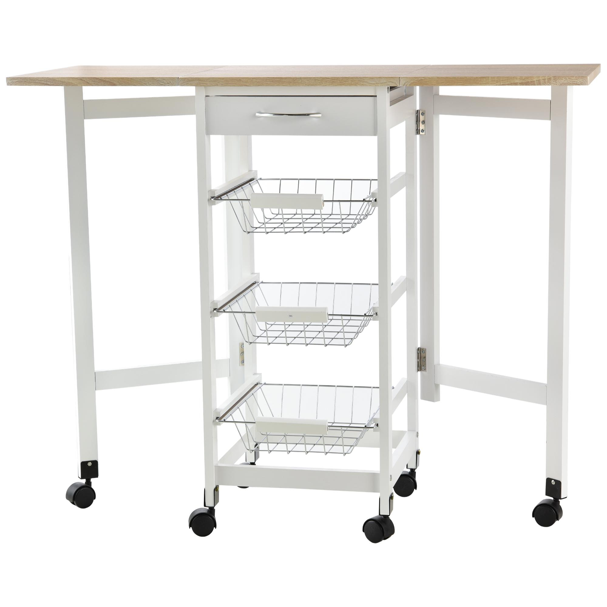 Carrito de Cocina Plegable Carrito Auxiliar con 6 Ruedas 1 Cajón y 3 Cesta de Metal Carro de Servicio Multifuncional para Almacenamiento Carga 50 kg 97,2x37x77,5 cm Blanco y Roble