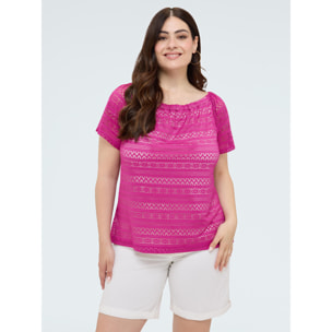 Fiorella Rubino - T-shirt in pizzo a righe con scollo a barchetta - Fucsia