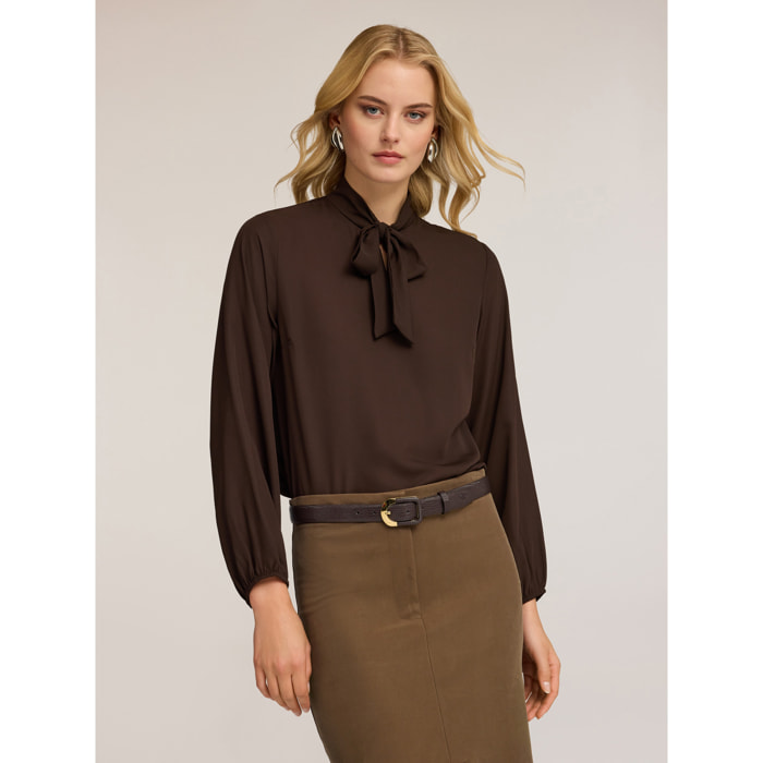 Motivi - Blusa in georgette con fiocco - Marrone