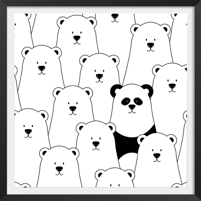 Affiche enfant ours blanc et panda noir Affiche sous cadre noir
