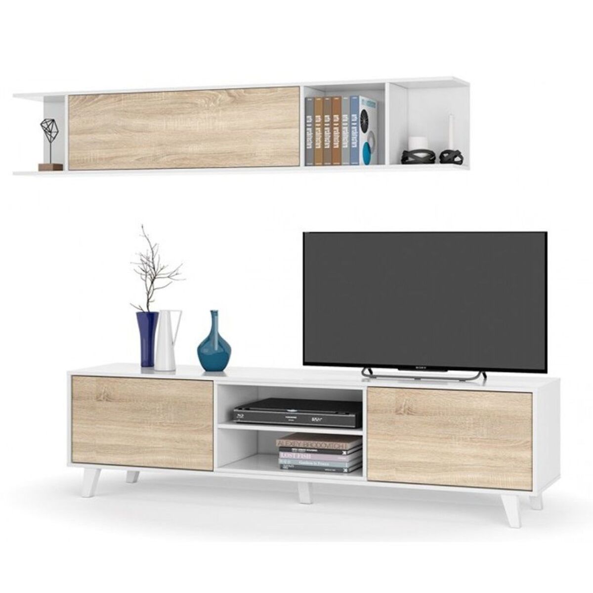 Parete Attrezzata Da Soggiorno Salotto Mobile TV Ante Soft Close Pensile Con Mensola Dsign Moderno Elegante 180x41x43 Cm Bianco Lucido Rovere